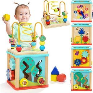 Activity Cube Toys for 1 Year Old Boy Girl, Montessori Wooden Toys for Toddlers